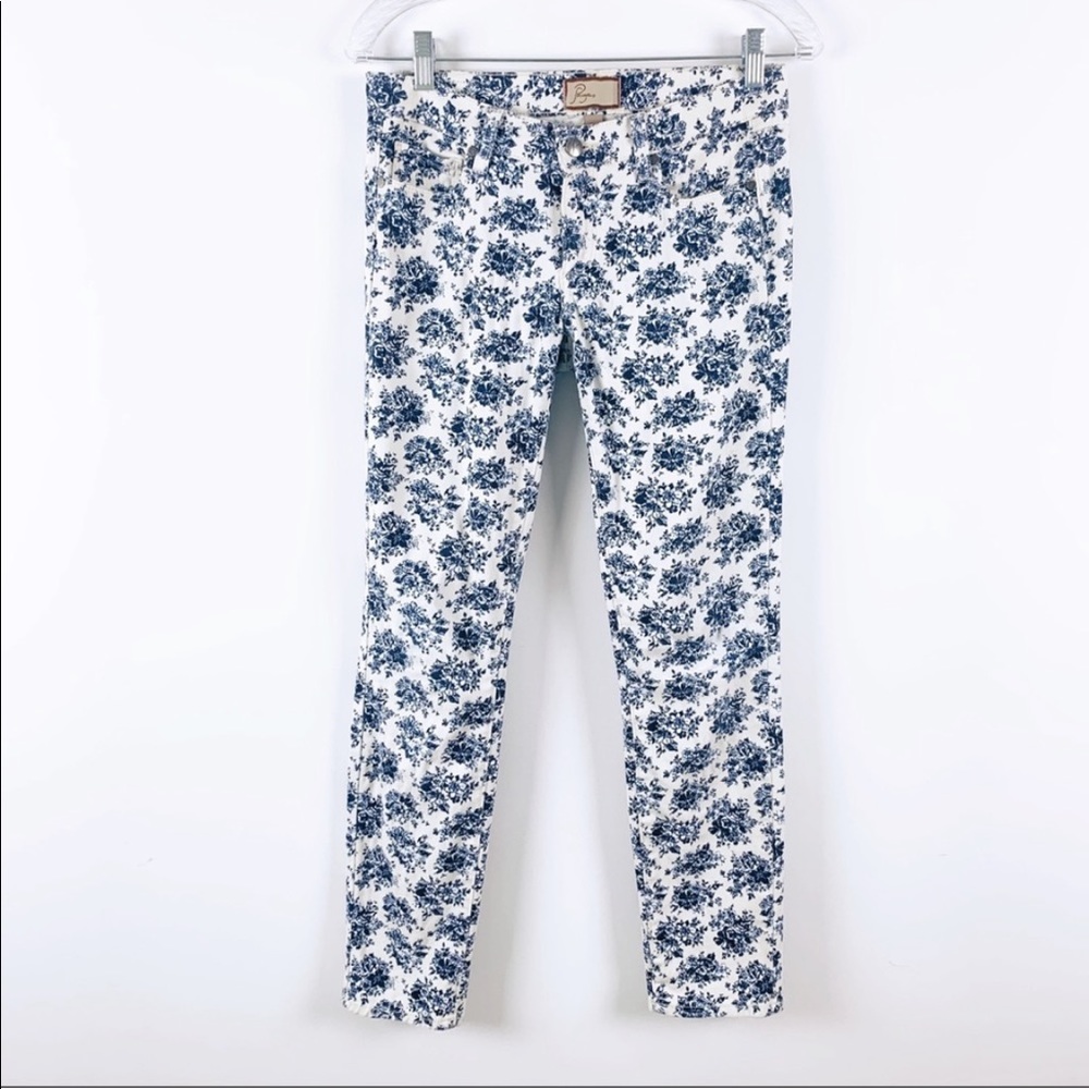 PAIGE White Skinny Jeans with Blue Floral Print